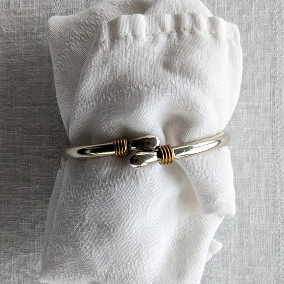 Taxco 27g Sterling Clamper Bypass Bracelet w Brass Detail. Optional 3/4" Hoops - Picture 7 of 14